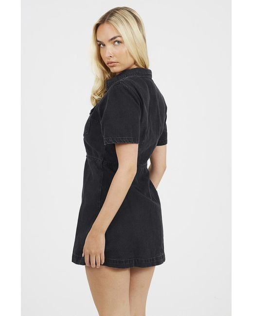 Brave Soul Black Collared A-Line Denim Mini Dress