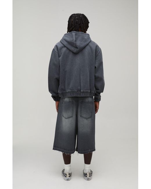 BoohooMAN Gray Washed Rhinestone Boxy Oversized Zip Up Denim Hoodie for men