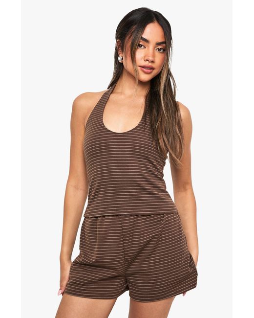 Boohoo Brown Stripe Halterneck Top