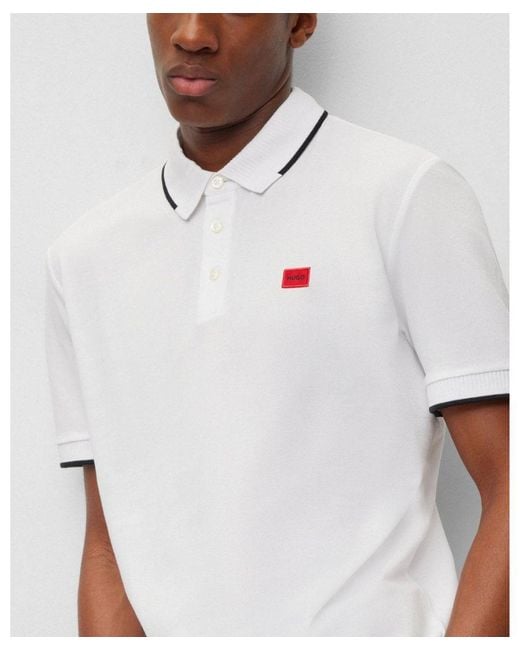 HUGO White Deresino232 Tipped Polo Shirt With Logo Label Colour: Open 120, Size: L for men