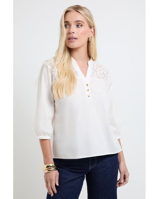 Wallis White Petite Cotton Lace Detail Shirt