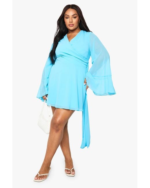 Boohoo Blue Plus Chiffon Flare Sleeve Mini Dress