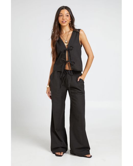 Boohoo Black Linen Look Tie Front Crop & Wide Leg Trousers