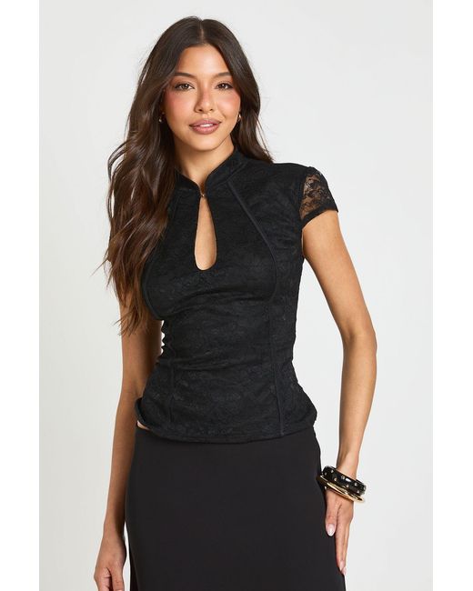 Boohoo Black Lace Keyhole Cap Sleeve Top