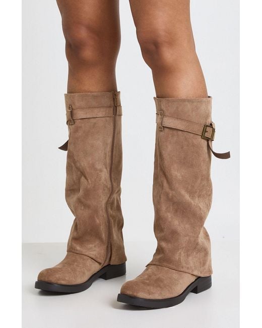 Boohoo Brown Buckle Detail Foldover Knee High Boots
