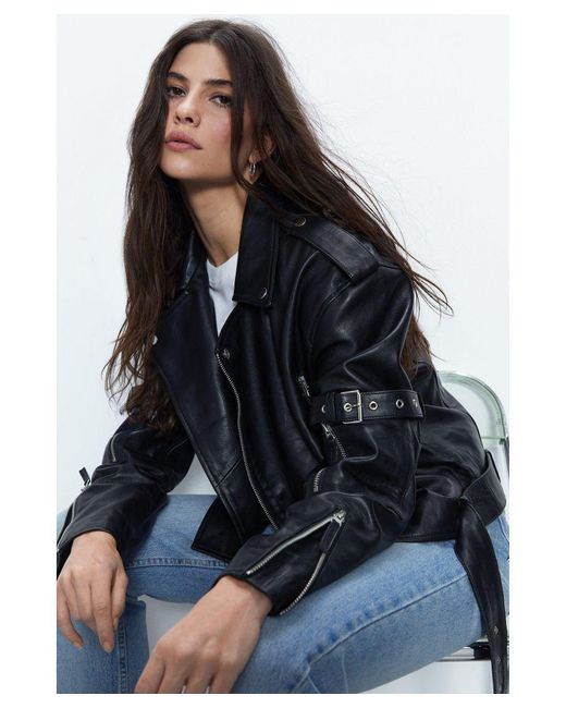 Warehouse Black Premium Real Leather Buckle Detail Jacket