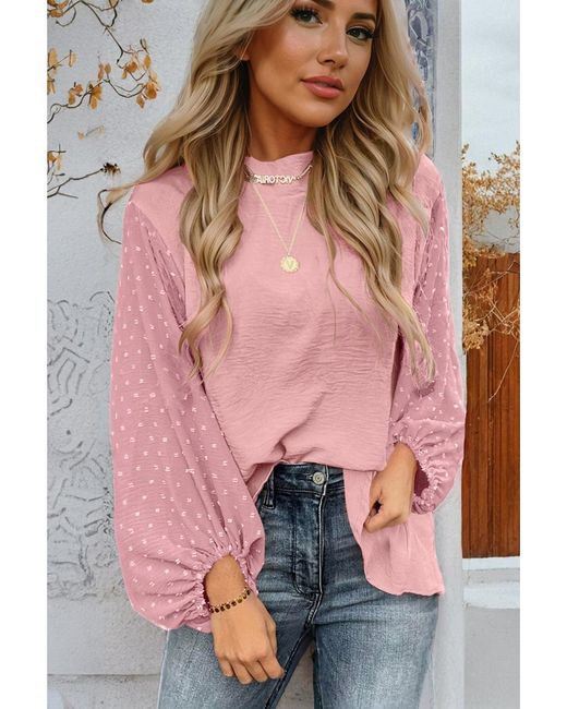 Azura Exchange Pink Gossamer Swiss Dot Balloon Sleeve Loose Blouse