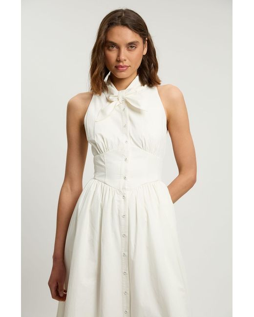 Karen Millen White Petite Cotton Poplin Tie Neck Midi Dress