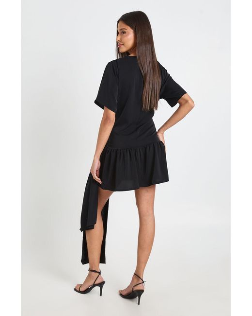 Boohoo Black Tie Waist Drop Hem Woven Mini Dress