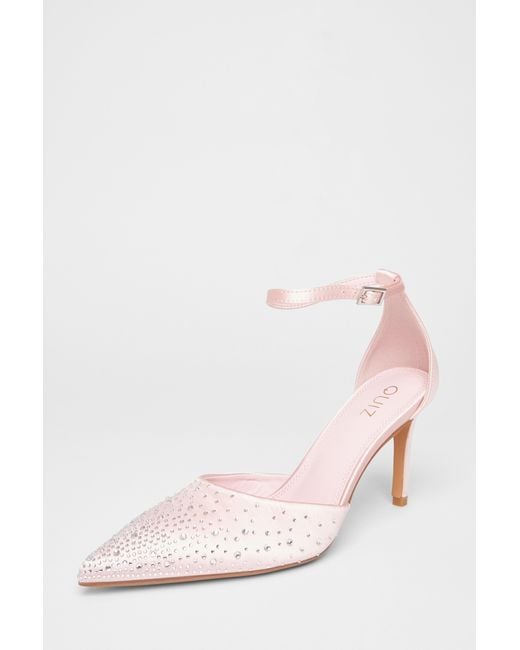 Quiz Pink Satin Diamante Court Heels