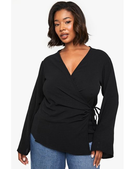 Boohoo Black Plus Long Sleeve Asymetric Tie Front Shirt