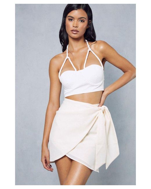 MissPap White Crinkle Textured Wrap Mini Skirt