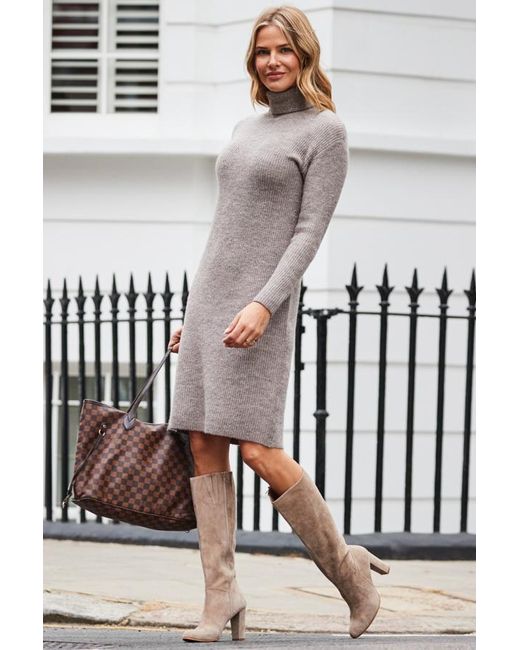 Sosandar Brown Taupe Roll Neck Rib Jumper Dress