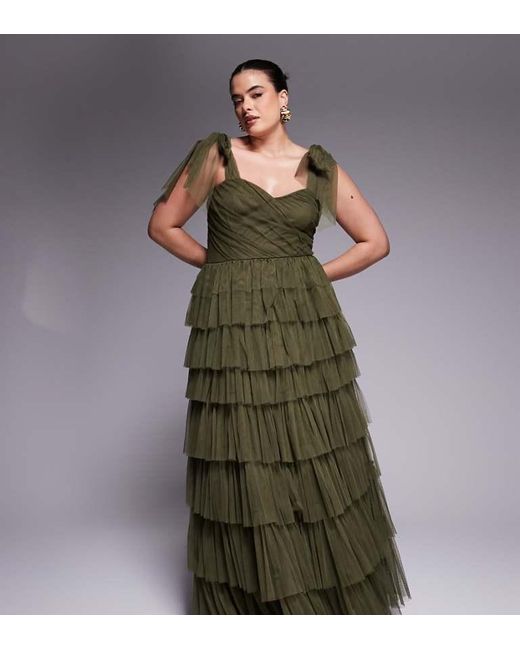 Lace & Beads Plus Green Bow Shoulder Tiered Tulle Maxi Dress