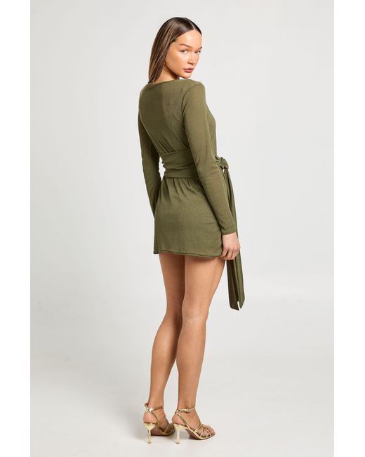 Boohoo Green Textured Mesh Tie Waist Flare Sleeve Dress