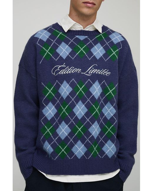 BoohooMAN Blue Boxy Embroidered Diamond Argyle Knitted Sweater for men