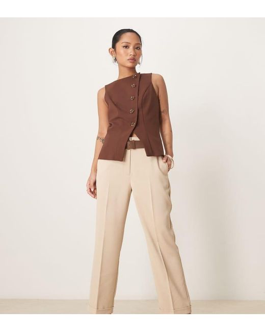 ASOS Natural Petite Tailored Slim Straight Trousers With Belt