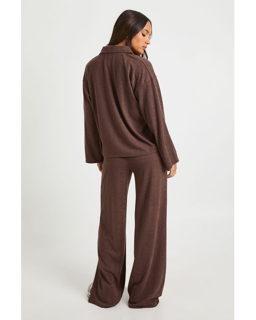 Boohoo Brown Crinkle Rib Henley Button Shirt & Trouser Co Ord