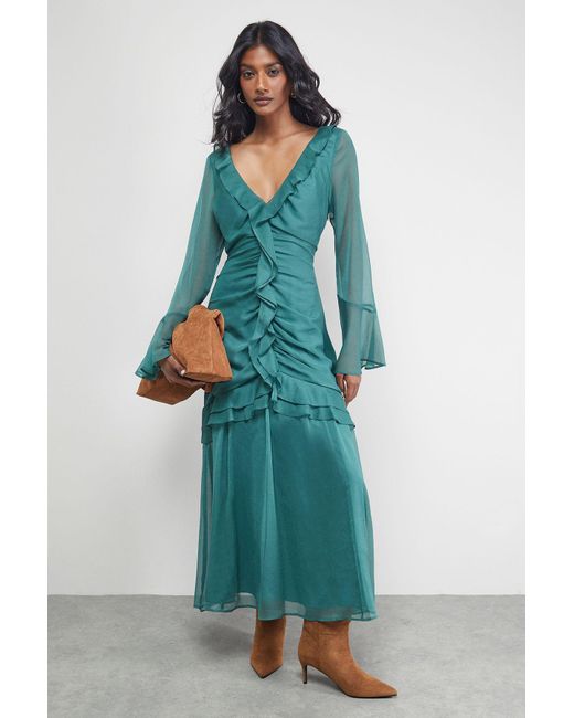 emerald green corduroy dress Chiffon Flutter Sleeve Wrap Midi Dress - Dark Green main image 1