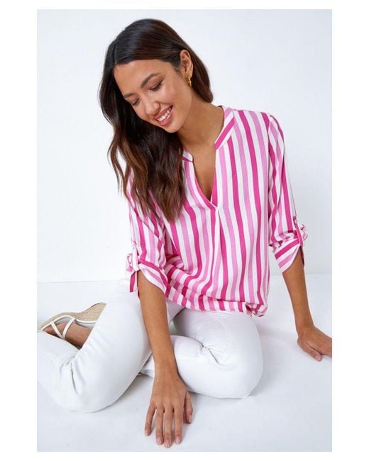 Roman Pink Stripe Print V-Neck Pleat Detail Top