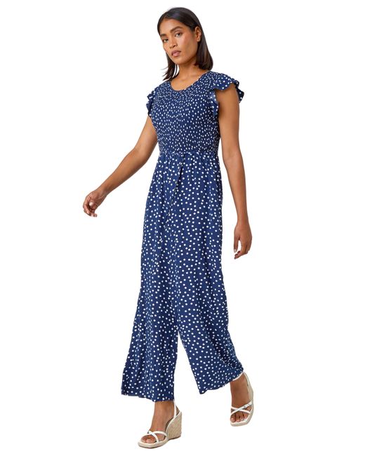 Roman Blue Polka Dot Shirred Pocket Jumpsuit