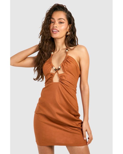Boohoo Brown Linen Look Bead Detail Halterneck Mini Dress