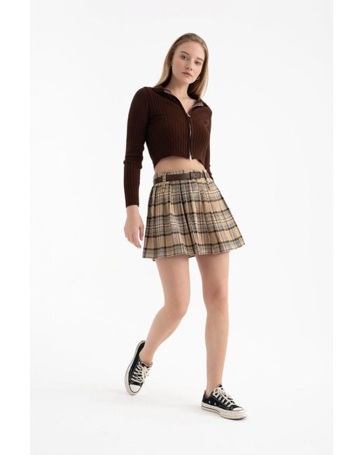 Hiccup Brown Checked High Waist Pleated Mini Skirt With A Belt Detail