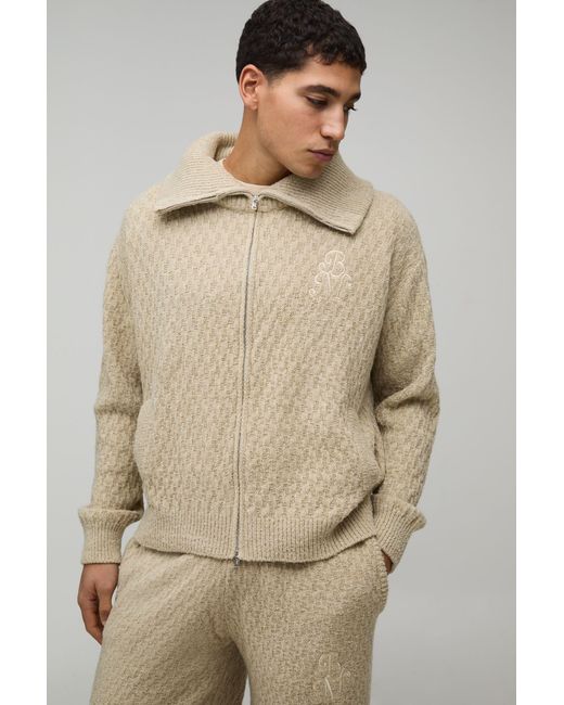 BoohooMAN Natural Regular Fit 1/4 Zip Funnel Neck Embroidered Knitted Sweatshirt for men