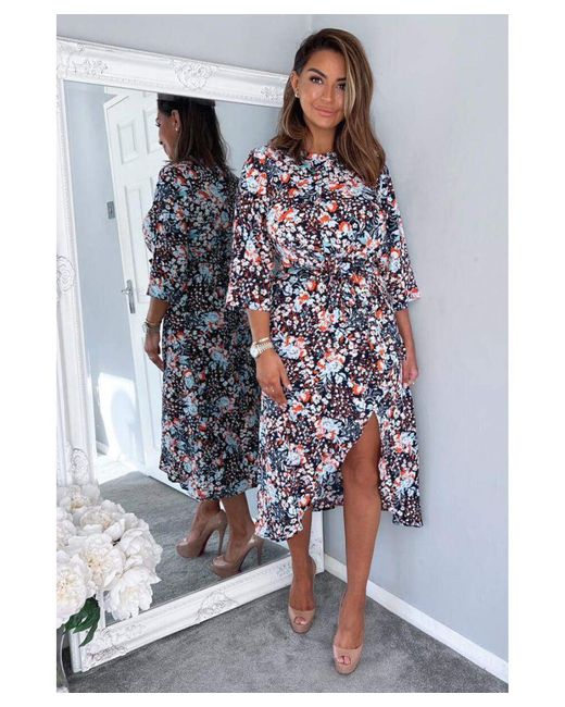 AX Paris Floral Wrap Tie Front Midi Dress in Blue | Lyst UK