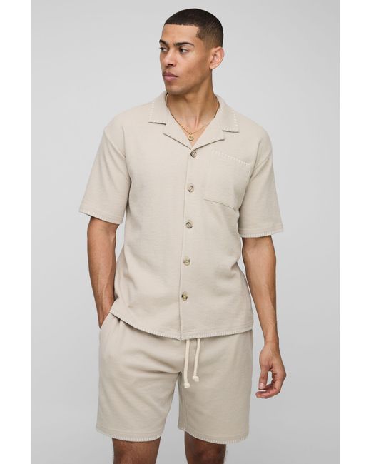 BoohooMAN Natural Oversized Contrast Stitch Waffle Shirt & Loose Fit Short for men