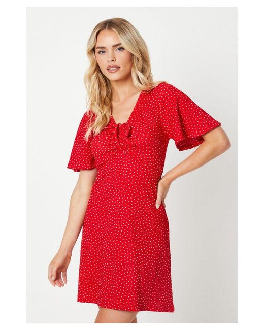 Dorothy Perkins Red Petite Ruched Front Angel Sleeve Mini Dress