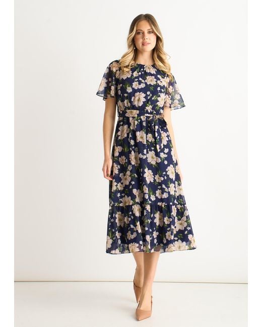 Gini London Blue Floral Print Fit And Flare Midi Dress