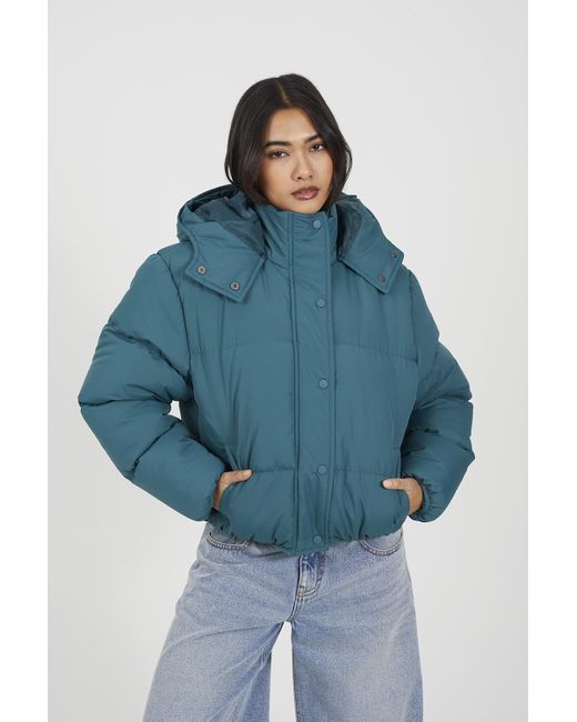Brave Soul Blue Oversized Hooded Short Puffer Jacket