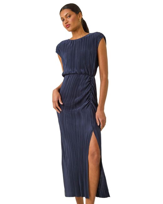 Roman Blue Plisse Cowl Back Midi Dress