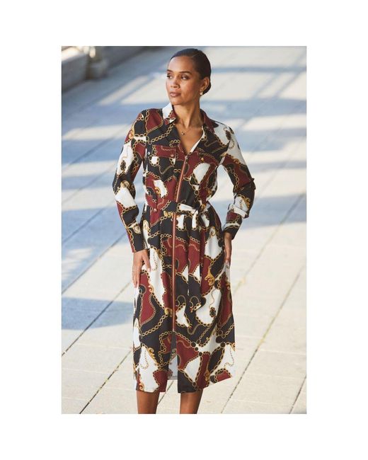 Sosandar White Multi Print Zip Front Belted Midi Dress