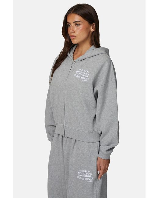Good For Nothing Gray Baggy Zip Hoodie With Embroidered Logo