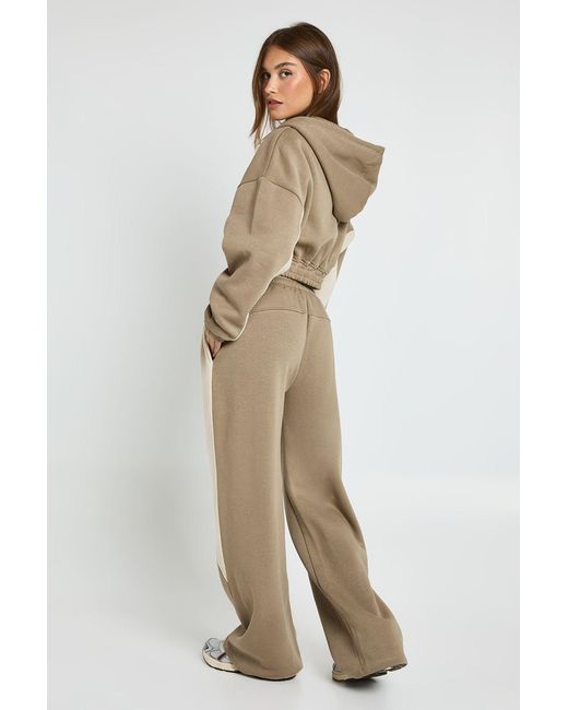 Boohoo Natural Contrast Panel Zip Through Hoodie Wide Leg Jogger Tracksuit