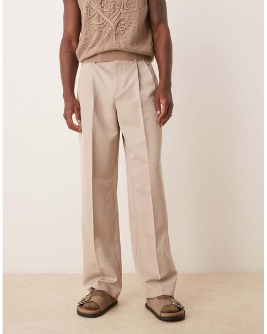 ASOS Natural Smart Wide Leg Trousers With Double Pleats for men