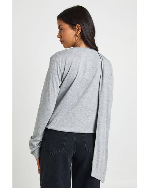 Boohoo Gray Plunge Wrap Long Sleeve Top With Scarf