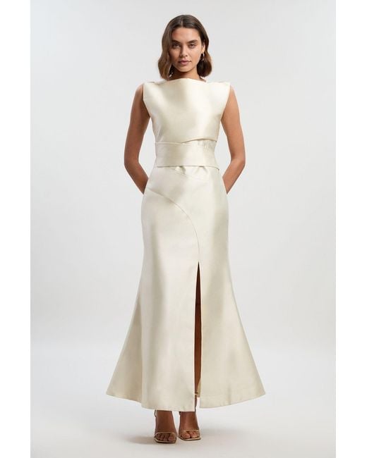 Karen Millen Natural Satin Twill Draped Waist Structured Tailored Maxi Dress