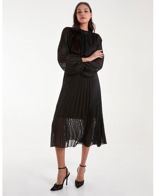Blue Vanilla Black Metallic High Neck Plisse Midi Dress