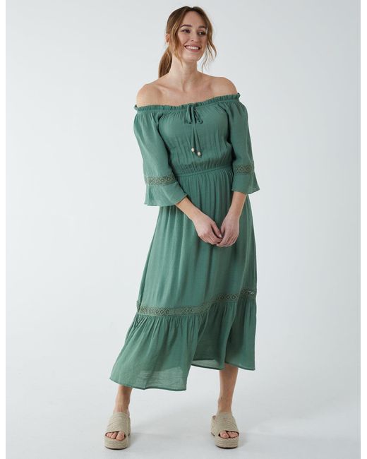 Blue Vanilla Green Off Shoulder Elasticated Lace Insert Midi Dress