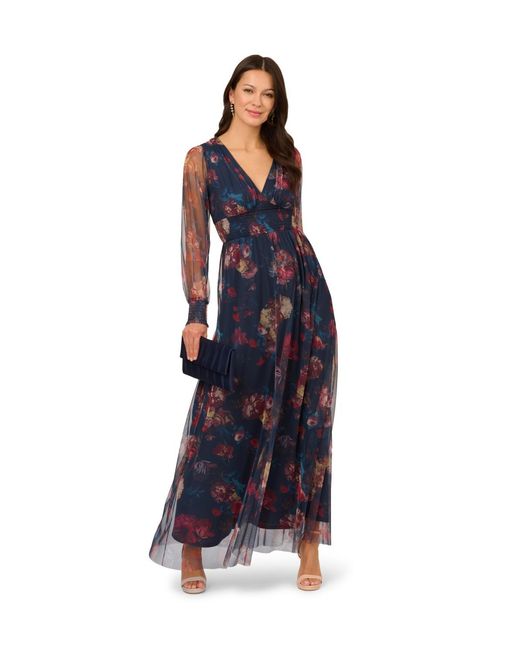 Adrianna Papell Blue Print Mesh Maxi Dress