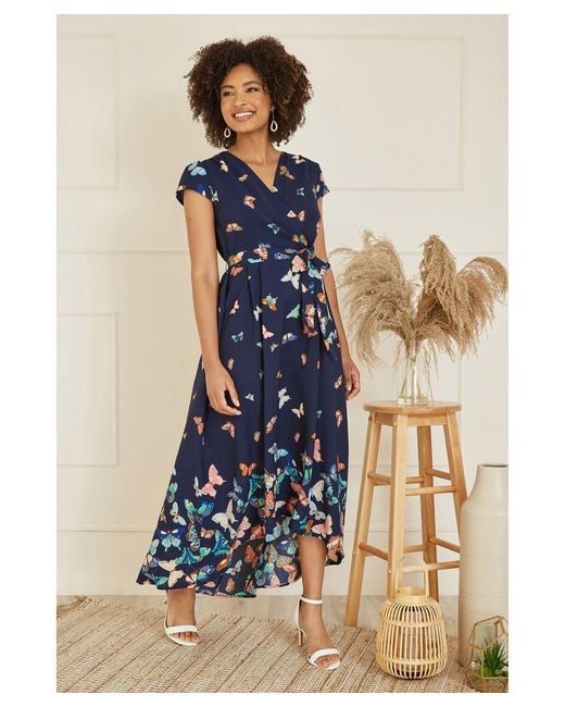 Mela London Blue Butterfly Print Dip Hem Midi Wrap Dress