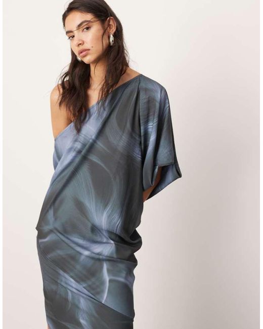 ASOS Blue Satin Slouchy Off Shoulder Maxi Dress