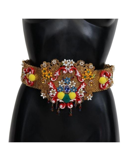 Dolce & Gabbana Black Embellished Floral Crystal Wide Waist Carretto Belt Nylon