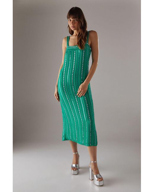 Warehouse Green Hand Embellished Sequin Square Neck Strappy Midi Dress
