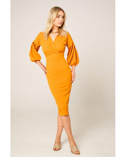 Femme Luxe Orange Belted Bodycon Midi Wrap Dres