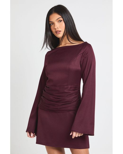 Boohoo Purple Satin Wrap Waist Long Sleeve Mini Dress