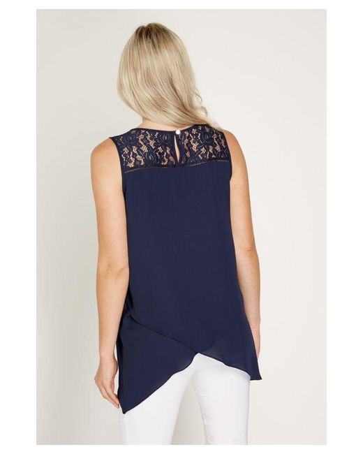 Roman Blue Lace Yoke Asymmetric Vest Top